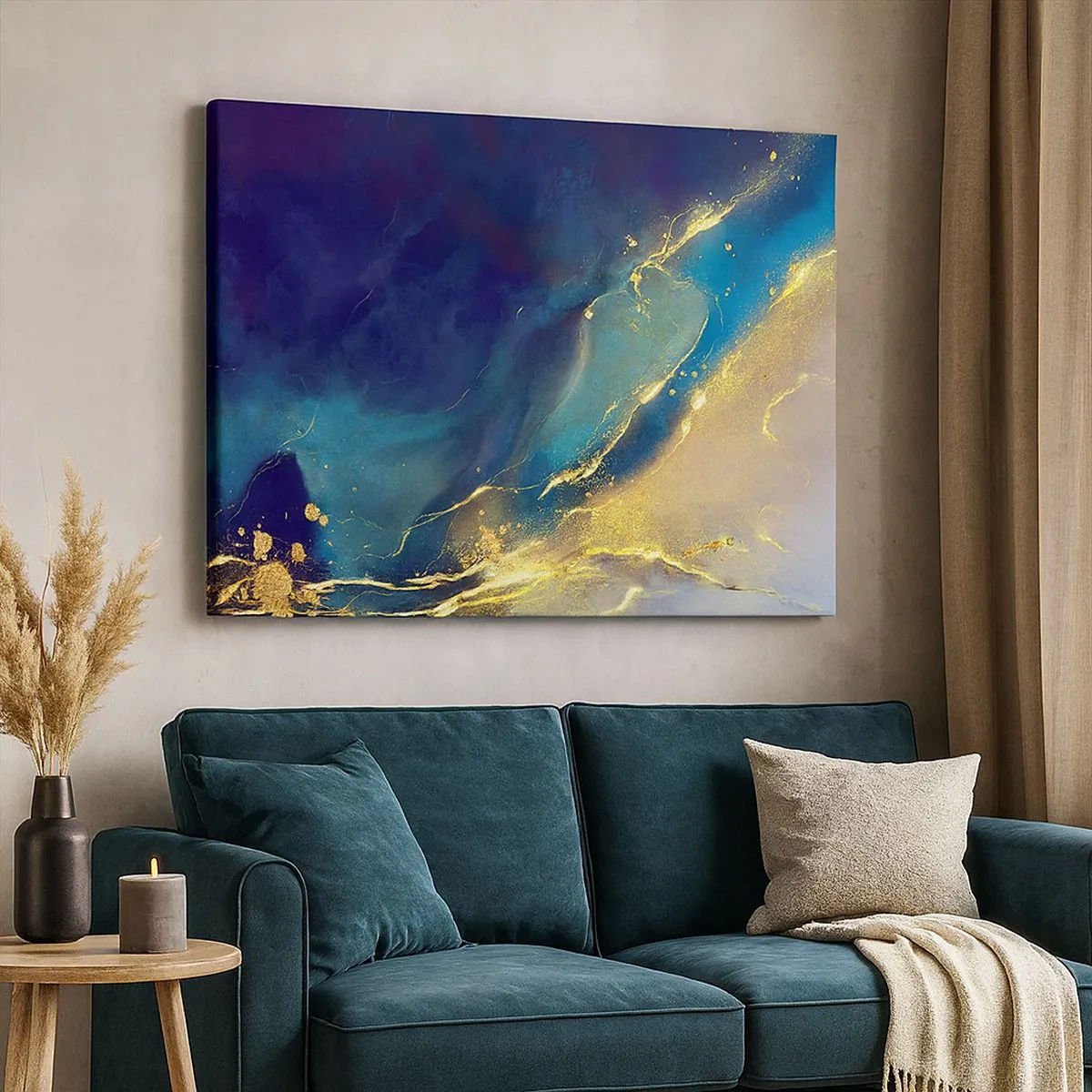 Bild auf Leinwand - Leinwandbild - Abstrakte Komposition in Blau- und Goldtönen auf Leinwand - 70x50cm - Der goldene Teich - Moderne Wanddekoration für Wohnzimmer und Schlafzimmer ARTTOR