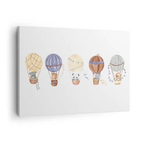Bild auf Leinwand - Leinwandbild - Niedliche Tiere in Luftballons auf weißem Hintergrund - 70x50cm - Freunde auf Reise - Moderne Wanddekoration für Wohnzimmer und Schlafzimmer ARTTOR