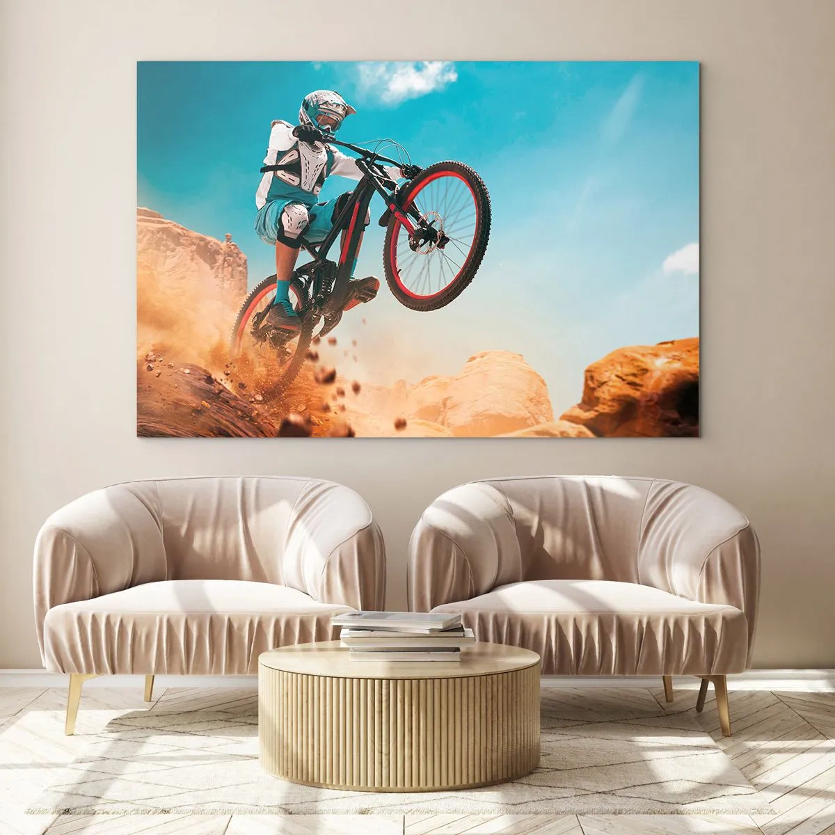 Glasbild - Bild auf glas - Dynamische Szene eines Radfahrers in Aktion auf felsigem Gelände - 70x50cm - Fahrrad-Wahnsinn-Dämon - Moderne Wanddekoration für Wohnzimmer und Schlafzimmer ARTTOR