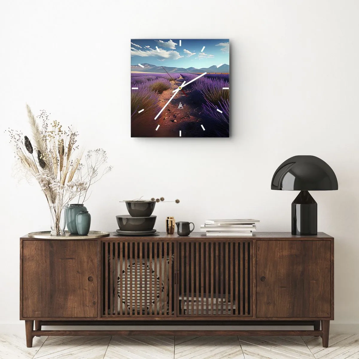 Wanduhr - Glasuhr - Ein Lavendelfeld mit Blick auf die Berge und den blauen Himmel - 30x30cm - Duftende Felder - Moderne Wanddekoration für Wohnzimmer und Schlafzimmer ARTTOR