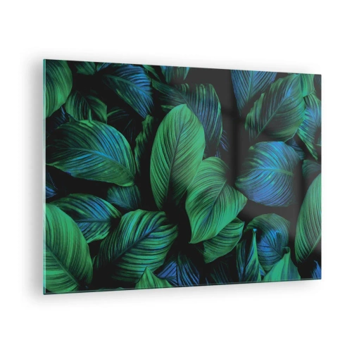 Glasbild - Bild auf glas - Nahaufnahme von Blättern in intensiven Grüntönen - 70x50cm - In der grünen Menge - Moderne Wanddekoration für Wohnzimmer und Schlafzimmer ARTTOR