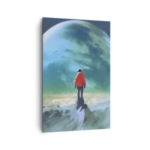 Bild auf Leinwand - Leinwandbild - Ein Mann in einer roten Jacke steht vor einem großen Planeten mit Sternen im Hintergrund. - 80x120cm - Entdecker des neuen Landes - Moderne Wanddekoration für Wohnzimmer und Schlafzimmer ARTTOR