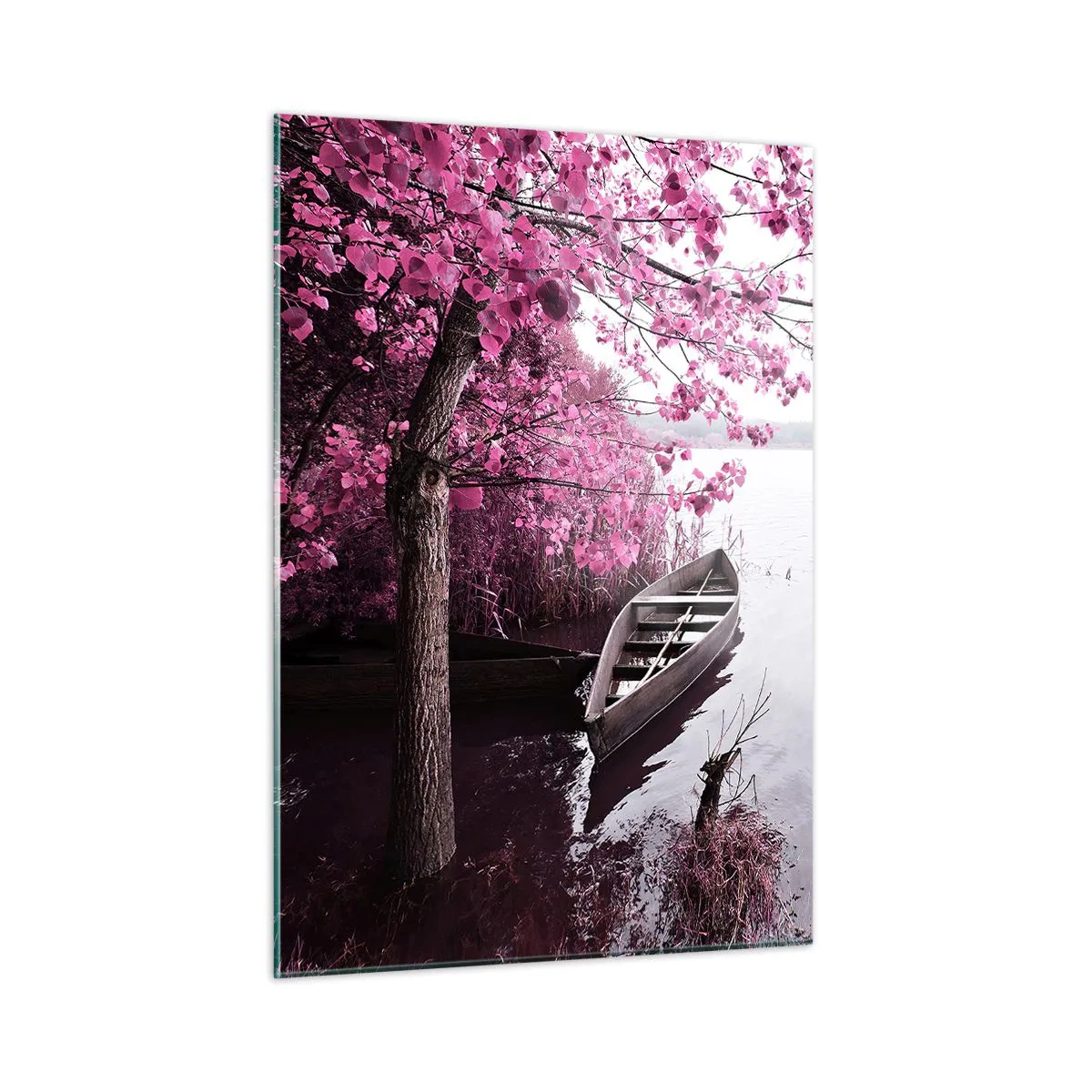 Glasbild - Bild auf glas - Ein Boot am Ufer mit einem rosa Baum über dem Wasser - 50x70cm - In rosa Stille - Moderne Wanddekoration für Wohnzimmer und Schlafzimmer ARTTOR