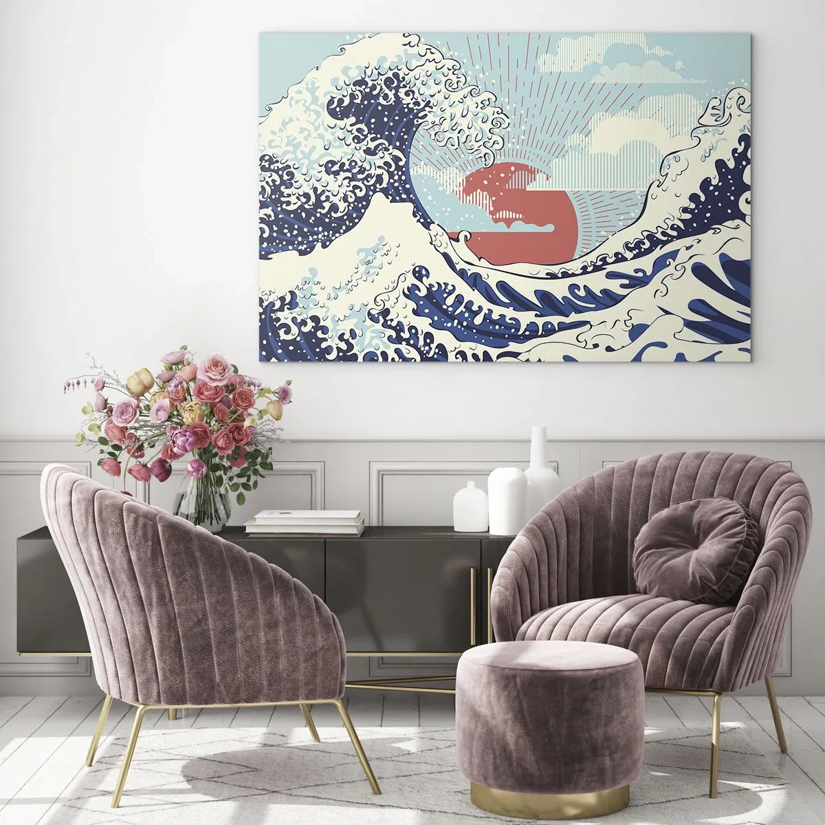 Glasbild - Bild auf glas - Eine stilisierte Welle, inspiriert von japanischer Kunst - 70x50cm - Von japanischer Inspiration - Moderne Wanddekoration für Wohnzimmer und Schlafzimmer ARTTOR