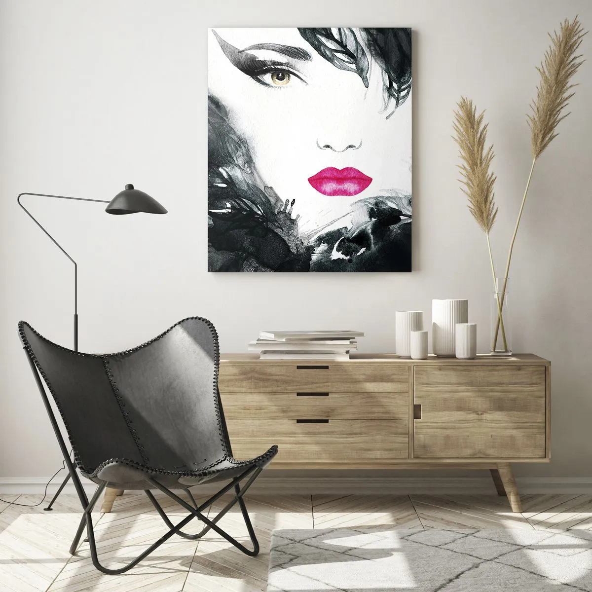Glasbild - Bild auf glas - Künstlerisches Porträt einer Frau mit intensiv rosa Lippen - 80x120cm - Beachtung! Femme fatale - Moderne Wanddekoration für Wohnzimmer und Schlafzimmer ARTTOR