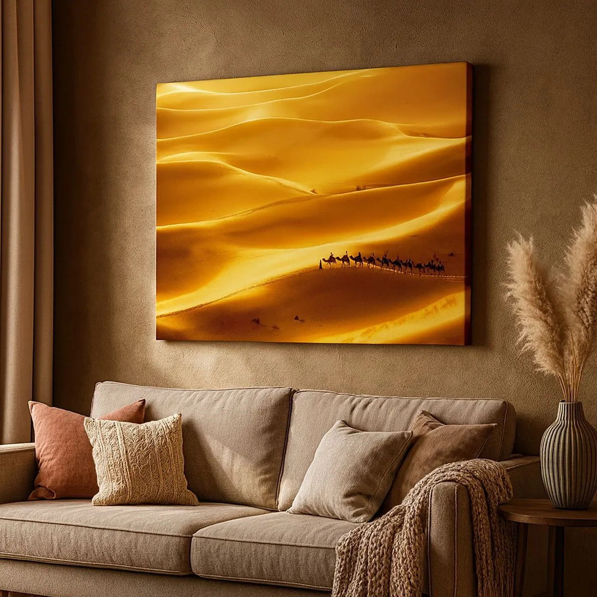Bild auf Leinwand - Leinwandbild - Eine Karawane von Kamelen wandert durch die goldenen Dünen der Wüste. - 70x50cm - Wohnwagen in den Wüstenwellen - Moderne Wanddekoration für Wohnzimmer und Schlafzimmer ARTTOR
