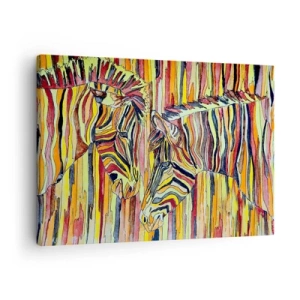 Bild auf Leinwand - Leinwandbild - Bunte Zebras vor einem Hintergrund aus abstrakten Streifen - 70x50cm - Also du auch... - Moderne Wanddekoration für Wohnzimmer und Schlafzimmer ARTTOR