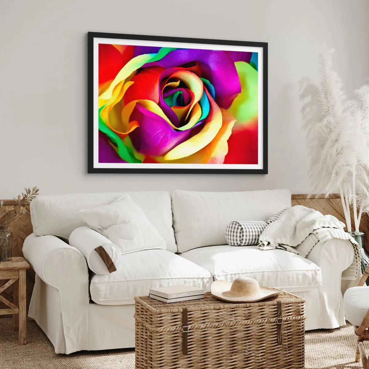 Poster in einem schwarzem Rahmen - Eine bunte Rose in Regenbogenfarben - 70x50cm - Es ist unmöglich - Moderne Wanddekoration für Wohnzimmer und Schlafzimmer ARTTOR