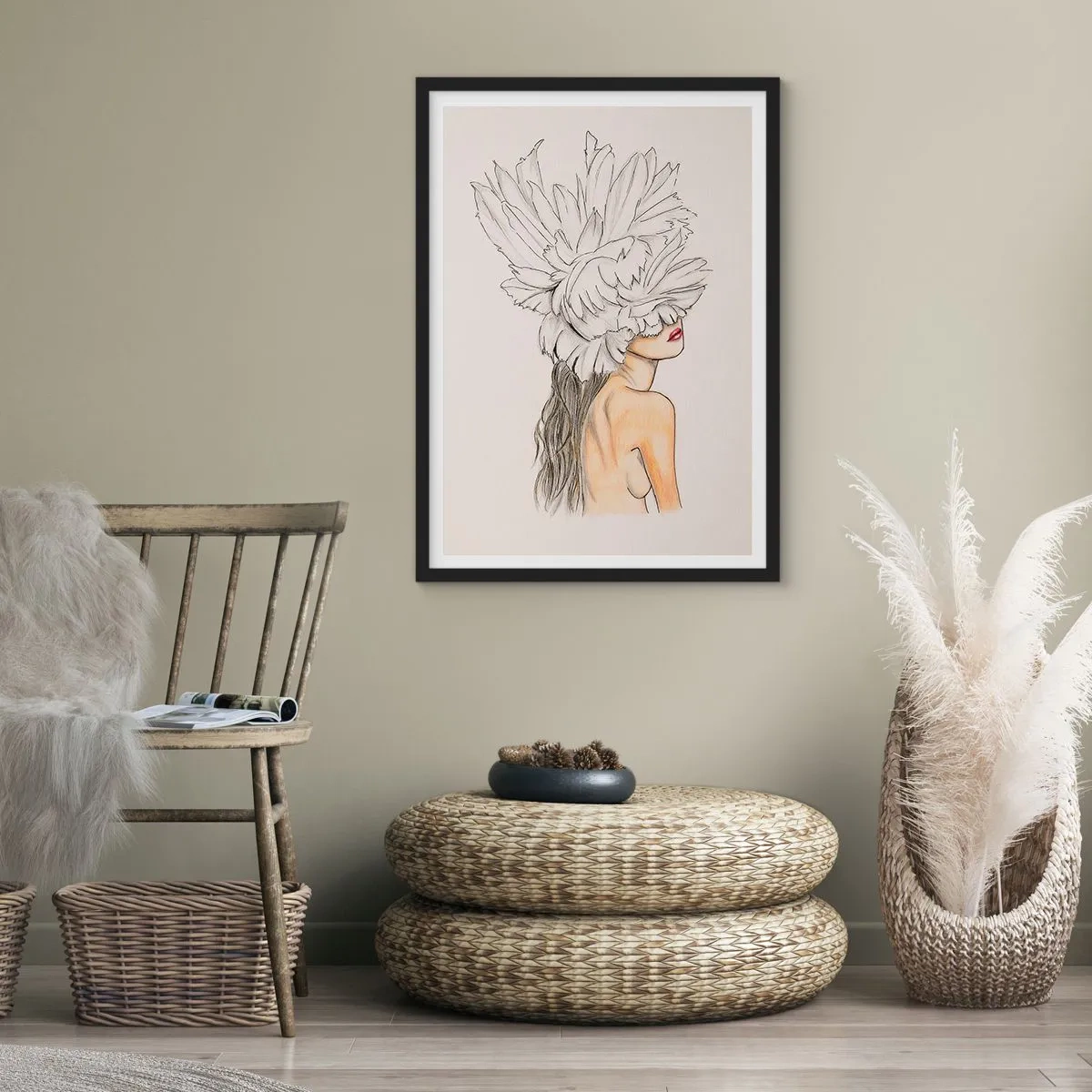 Poster in einem schwarzem Rahmen - Porträt einer Frau mit Federhut im künstlerischen Stil - 50x70cm - Gekrönte Schönheit - Moderne Wanddekoration für Wohnzimmer und Schlafzimmer ARTTOR