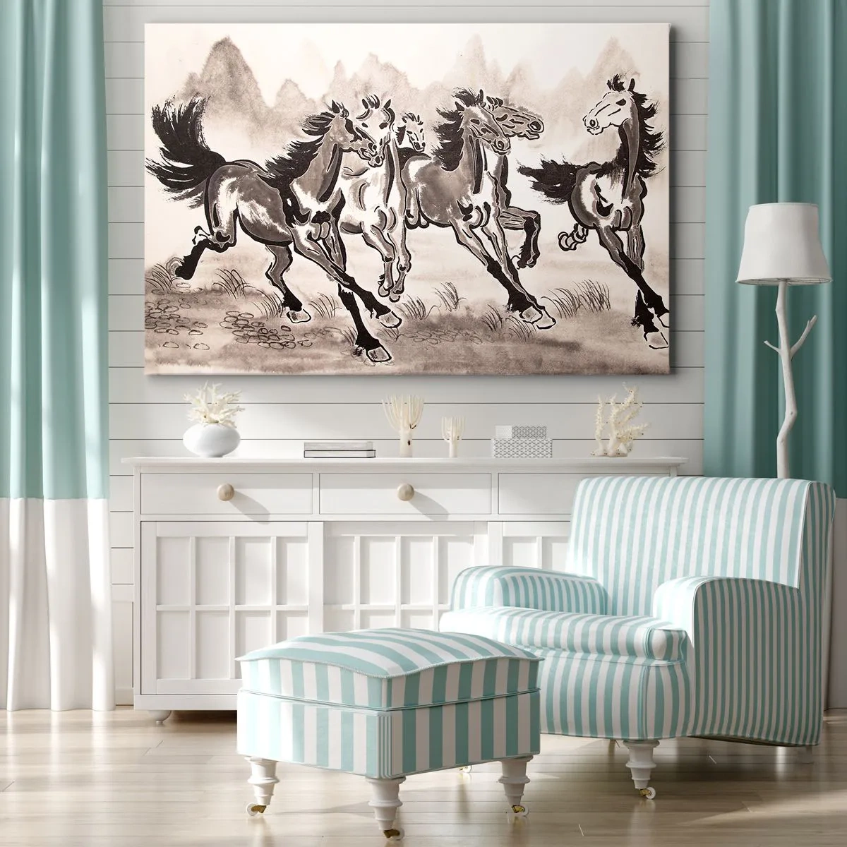 Bild auf Leinwand - Leinwandbild - Dynamische Grafiken galoppierender Pferde im orientalischen Stil - 100x70cm - In freudigem Galopp - Moderne Wanddekoration für Wohnzimmer und Schlafzimmer ARTTOR