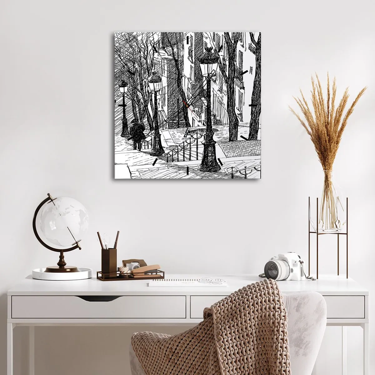 Wanduhr - Glasuhr - Eine Straße mit Lampen und einer menschlichen Silhouette in Skizzentechnik - 30x30cm - Liebesgeschichte oder Horrorgeschichte? - Moderne Wanddekoration für Wohnzimmer und Schlafzimmer ARTTOR