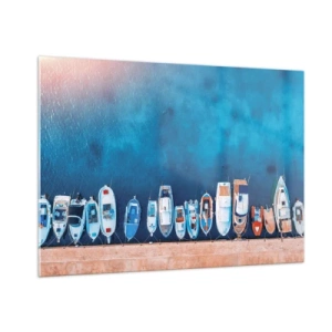 Glasbild - Bild auf glas - Am Ufer festgemachte Boote aus der Vogelperspektive - 100x70cm - In einer Reihe - Moderne Wanddekoration für Wohnzimmer und Schlafzimmer ARTTOR