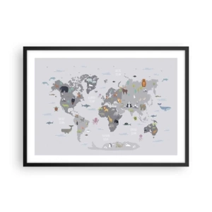 Poster in einem schwarzem Rahmen - Eine Weltkarte mit Tierillustrationen auf grauem Hintergrund - 70x50cm - Sag mir wo du herkommst ... - Moderne Wanddekoration für Wohnzimmer und Schlafzimmer ARTTOR