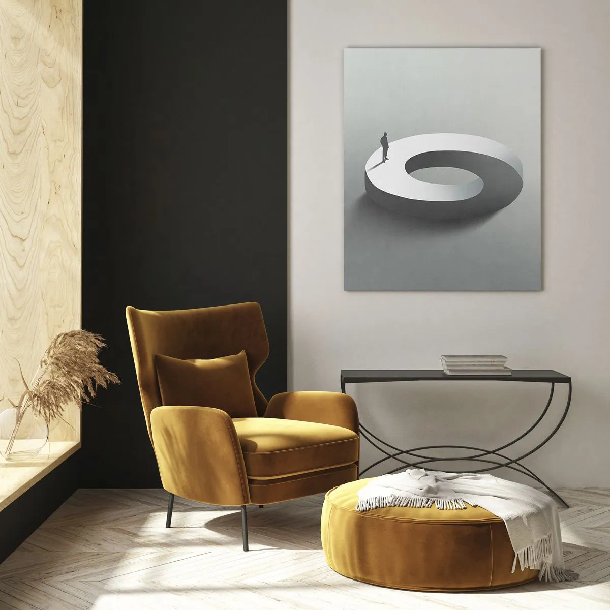 Glasbild - Bild auf glas - Eine minimalistische Silhouette eines Mannes auf einem weißen Ring - 50x70cm - Und wie soll man davon klug werden - Moderne Wanddekoration für Wohnzimmer und Schlafzimmer ARTTOR