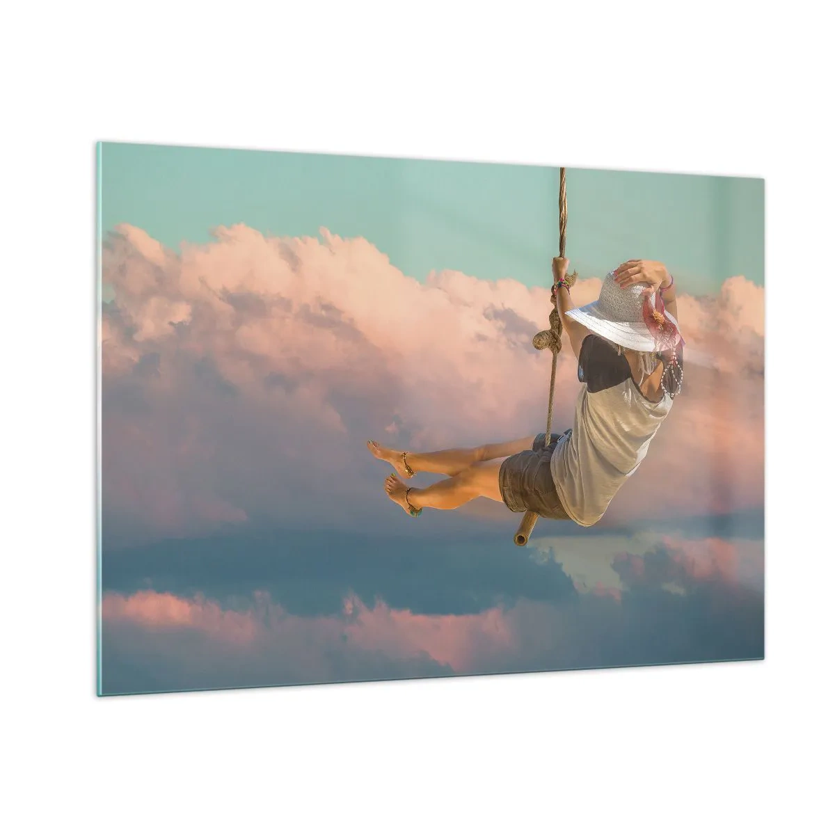 Glasbild - Bild auf glas - Mädchen auf einer Schaukel zwischen rosa Wolken - 100x70cm - Spaß in den Wolken - Moderne Wanddekoration für Wohnzimmer und Schlafzimmer ARTTOR