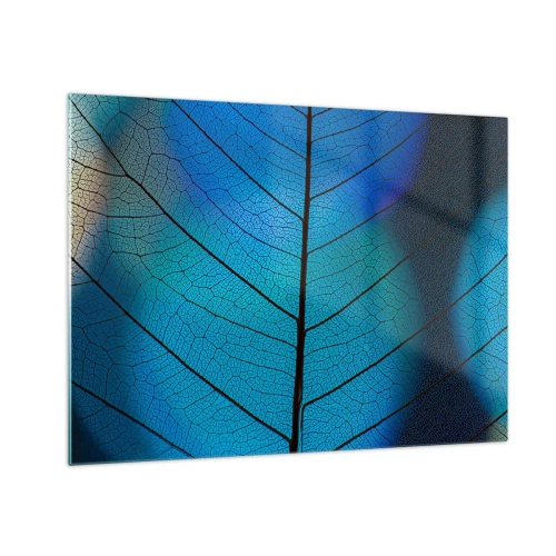 Glasbild - Bild auf glas - Eine Nahaufnahme eines blauen Blattes, die die Blattaderstruktur zeigt. - 70x50cm - Komplizierte Konstruktion - Moderne Wanddekoration für Wohnzimmer und Schlafzimmer ARTTOR