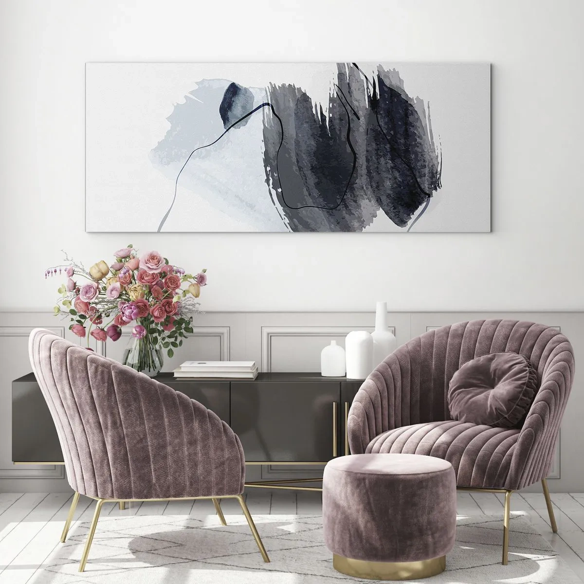 Glasbild - Bild auf glas - Abstrakte Komposition in Grau- und Blautönen - 160x50cm - Intensität und Bewegung - Moderne Wanddekoration für Wohnzimmer und Schlafzimmer ARTTOR