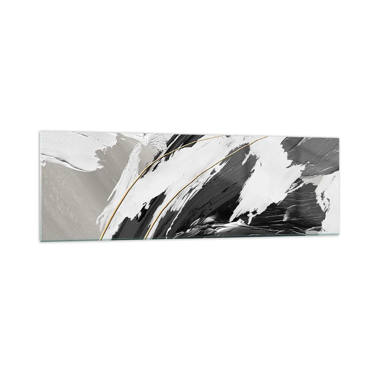 Glasbild - Bild auf glas - Schwarze und weiße Pinselstriche mit einem subtilen goldenen Akzent - 160x50cm - Abstraktion in großem Stil - Moderne Wanddekoration für Wohnzimmer und Schlafzimmer ARTTOR