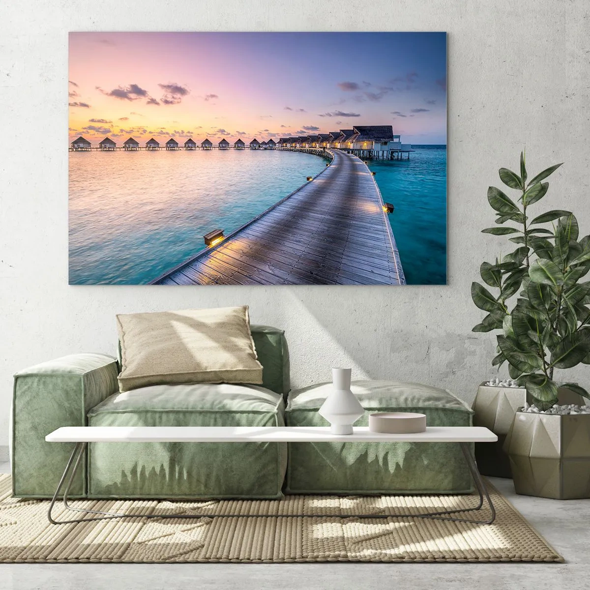 Glasbild - Bild auf glas - Holzsteg, der bei Sonnenuntergang zu luxuriösen Cottages am Wasser führt - 70x50cm - Urlaub - zurück zu den Quellen - Moderne Wanddekoration für Wohnzimmer und Schlafzimmer ARTTOR