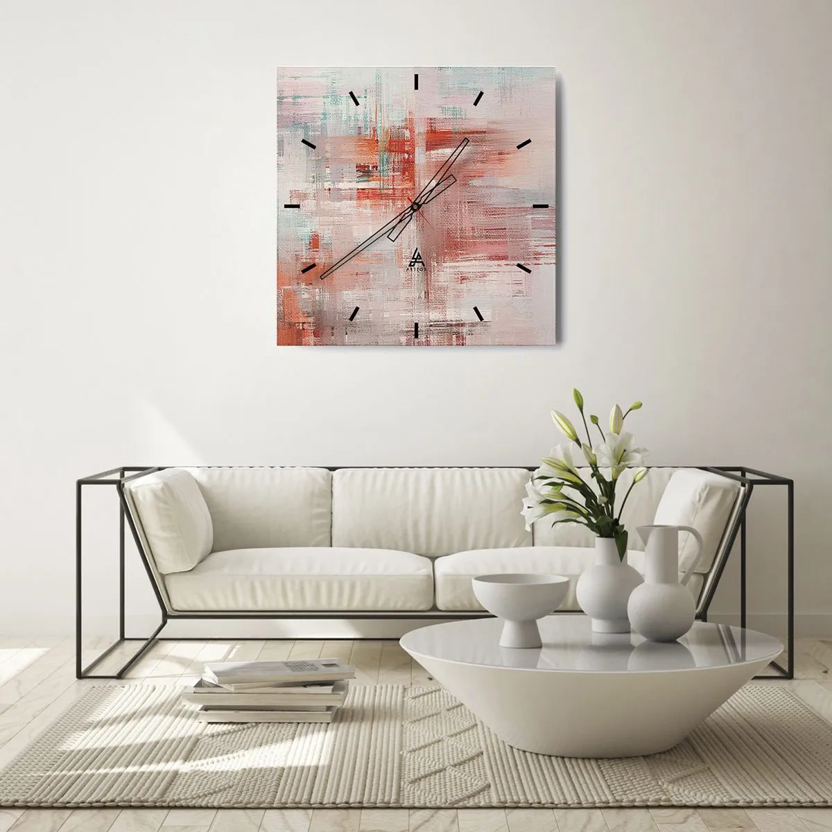Wanduhr - Glasuhr - Eine abstrakte Komposition mit Rottönen und Pastellfarben. - 30x30cm - Dunstig. Aber rosa - Moderne Wanddekoration für Wohnzimmer und Schlafzimmer ARTTOR