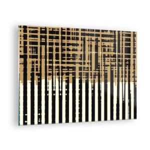 Glasbild - Bild auf glas - Geometrische Streifen und Linien in Schwarz- und Goldtönen - 70x50cm - Architektonische Abstraktion - Moderne Wanddekoration für Wohnzimmer und Schlafzimmer ARTTOR