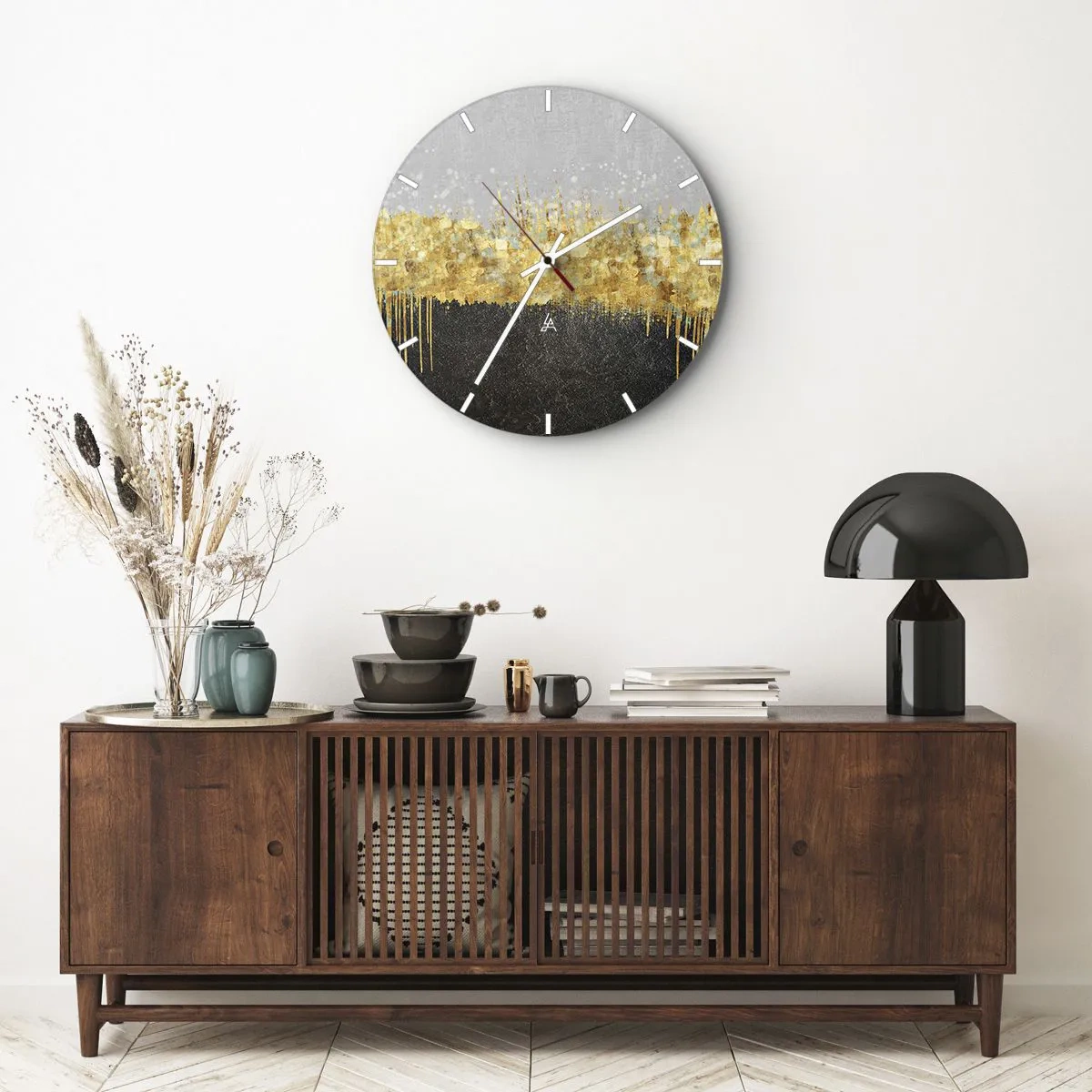 Wanduhr - Glasuhr - Goldene Reflexionen in einer künstlerischen Komposition vor einem schwarz-grauen Hintergrund - 30x30cm - Nach innen und nach oben - Moderne Wanddekoration für Wohnzimmer, Küche und Schlafzimmer ARTTOR