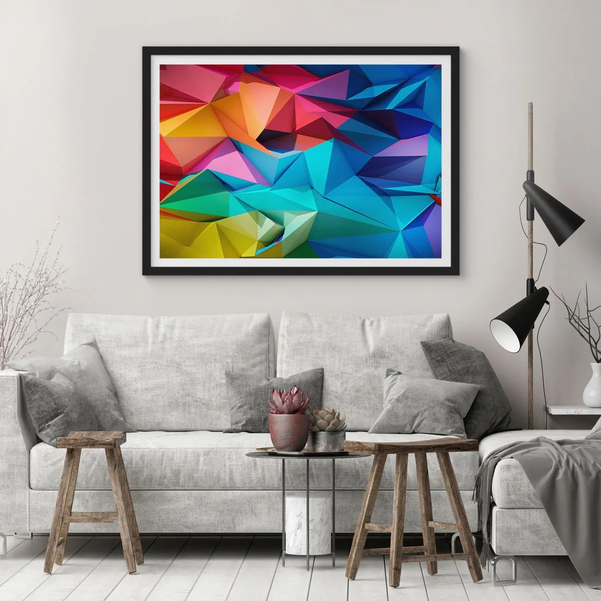 Poster in einem schwarzem Rahmen - Bunte geometrische Abstraktion in lebendigen Farben - 100x70cm - Regenbogen-Origami - Moderne Wanddekoration für Wohnzimmer und Schlafzimmer ARTTOR