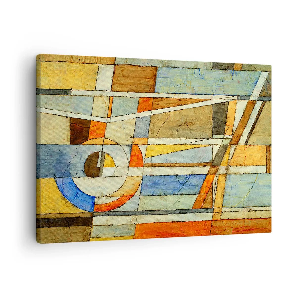 Bild auf Leinwand - Leinwandbild - Geometrische Abstraktion in Beige-, Blau- und Orangetönen - 70x50cm - Kubismus auf der Baustelle - Moderne Wanddekoration für Wohnzimmer und Schlafzimmer ARTTOR