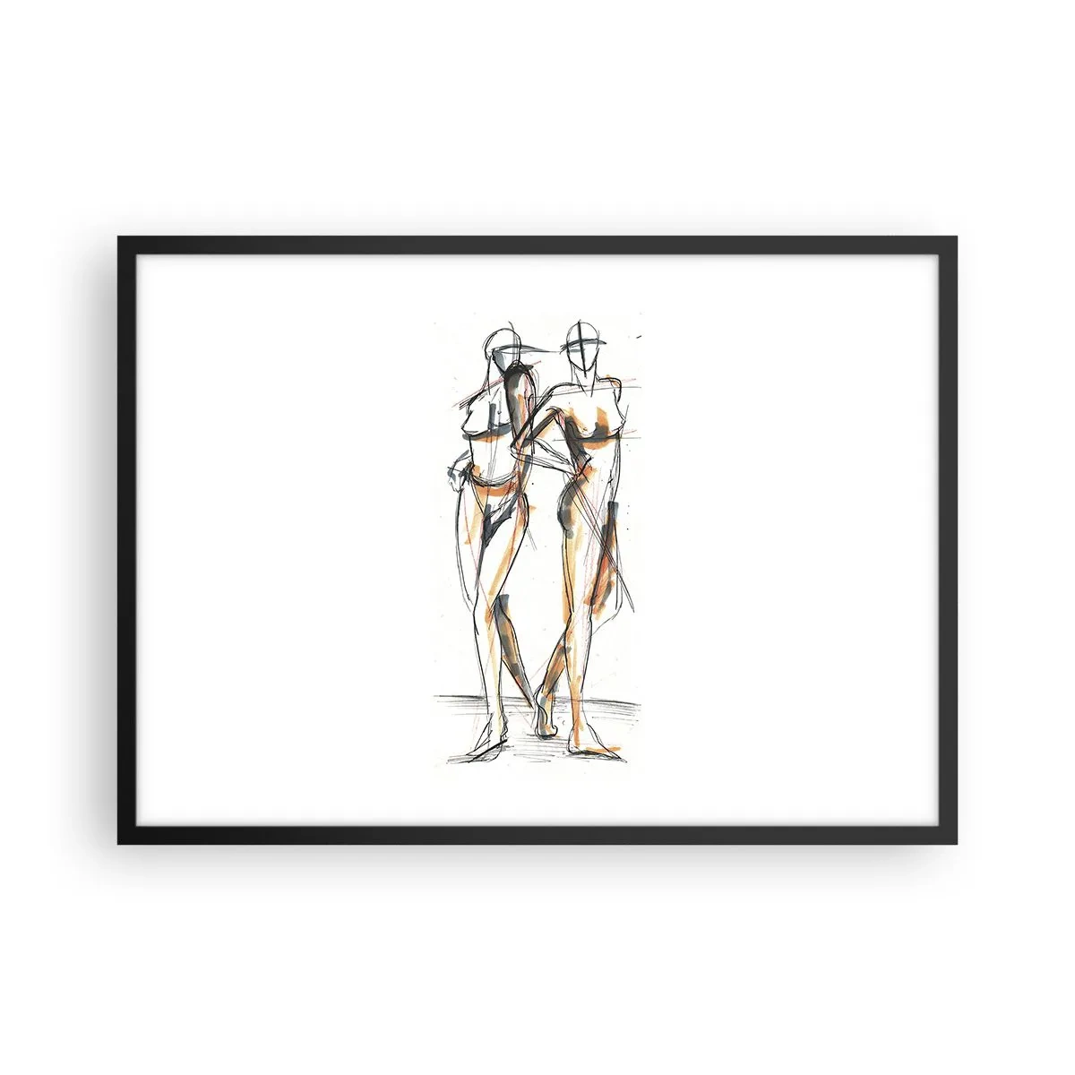Poster in einem schwarzem Rahmen - Künstlerische Skizze von zwei Silhouetten auf weißem Hintergrund - 70x50cm - Studie der Gnade - Moderne Wanddekoration für Wohnzimmer und Schlafzimmer ARTTOR