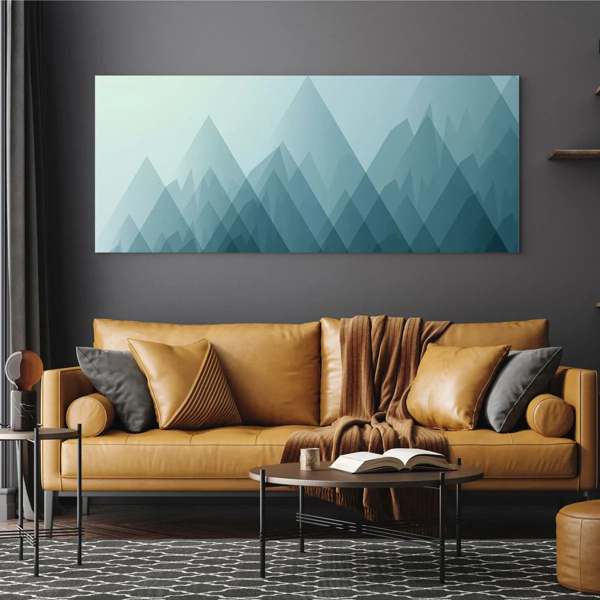 Glasbild - Bild auf glas - Minimalistische Berggrafiken in Blautönen - 120x50cm - Groß größer am größten - Moderne Wanddekoration für Wohnzimmer und Schlafzimmer ARTTOR