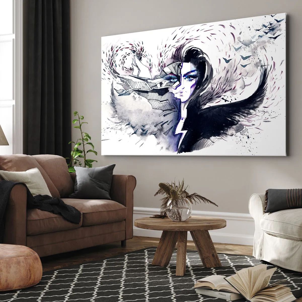 Bild auf Leinwand - Leinwandbild - Abstraktes Gesicht mit kontrastierenden Elementen und einem Flügelmotiv - 70x50cm - Dämonisch und schön - Moderne Wanddekoration für Wohnzimmer und Schlafzimmer ARTTOR