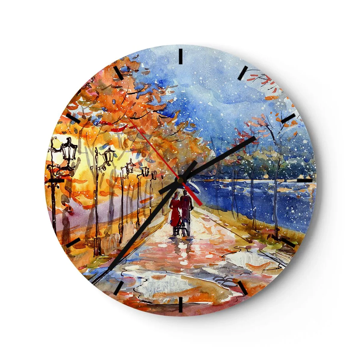 Wanduhr - Glasuhr - Herbstpark mit einer Gasse, Laternen und einem Paar, das spazieren geht - 30x30cm - Gemeinsam bis an die Grenze der Zeit - Moderne Wanddekoration für Wohnzimmer, Küche und Schlafzimmer ARTTOR