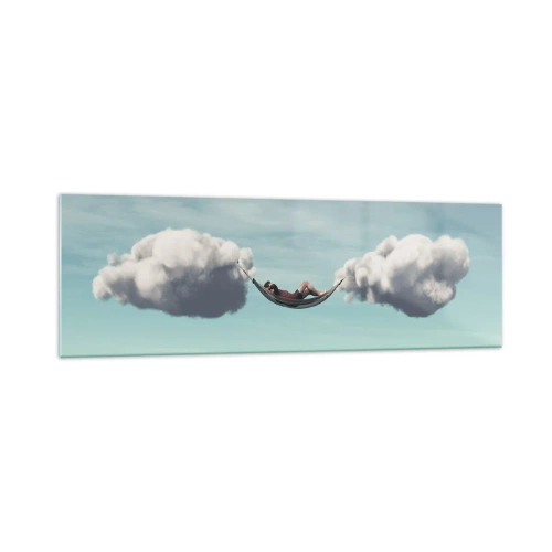 Glasbild - Bild auf glas - Eine Person entspannt in einer Hängematte in den Wolken - 160x50cm - Die Behaglichkeit des Augenblicks - Moderne Wanddekoration für Wohnzimmer und Schlafzimmer ARTTOR