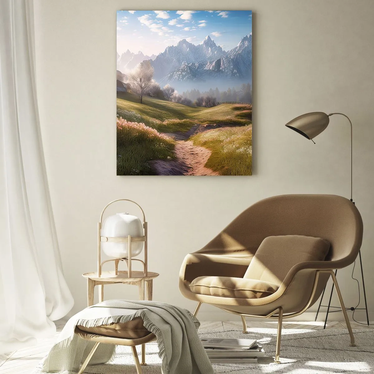 Glasbild - Bild auf glas - Ein Bergtal mit Wiesen, Hütten und Blick auf die Gipfel - 80x120cm - Idyllisches Tal - Moderne Wanddekoration für Wohnzimmer und Schlafzimmer ARTTOR