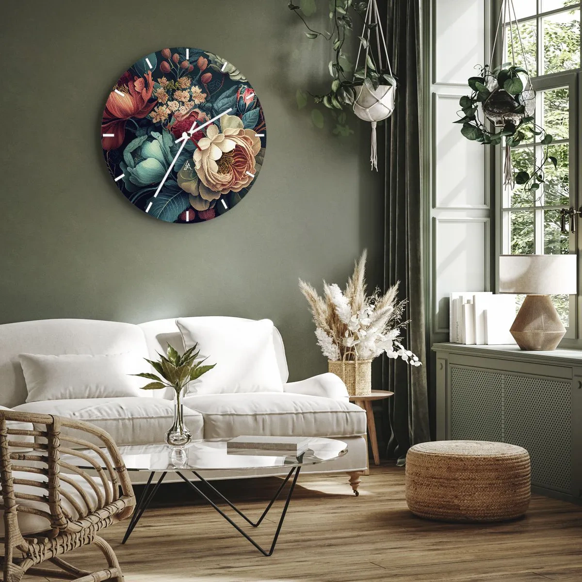 Wanduhr - Glasuhr - Blumenmuster mit großen pastellfarbenen und burgunderfarbenen Blumen - 30x30cm - Charme des 19. Jahrhunderts - Moderne Wanddekoration für Wohnzimmer, Küche und Schlafzimmer ARTTOR
