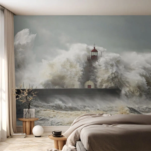 Fototapete Premium Sand - Die Wut des Ozeans - Landschaft, Leuchtturm, Sturm - 350x256 cm