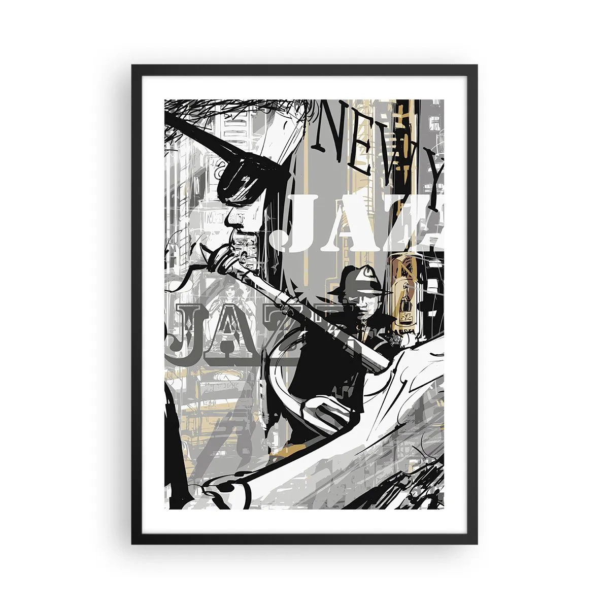 Poster in einem schwarzem Rahmen - Eine künstlerische Komposition, inspiriert vom Jazz - 50x70cm - Im Rhythmus von New York - Moderne Wanddekoration für Wohnzimmer und Schlafzimmer ARTTOR