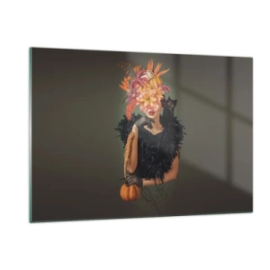 Glasbild - Bild auf glas - Figur einer Frau in Schwarz mit einem Kürbis, einer Katze und einem Blumenarrangement - 120x80cm - Der Zauber einer Hexe - Moderne Wanddekoration für Wohnzimmer und Schlafzimmer ARTTOR