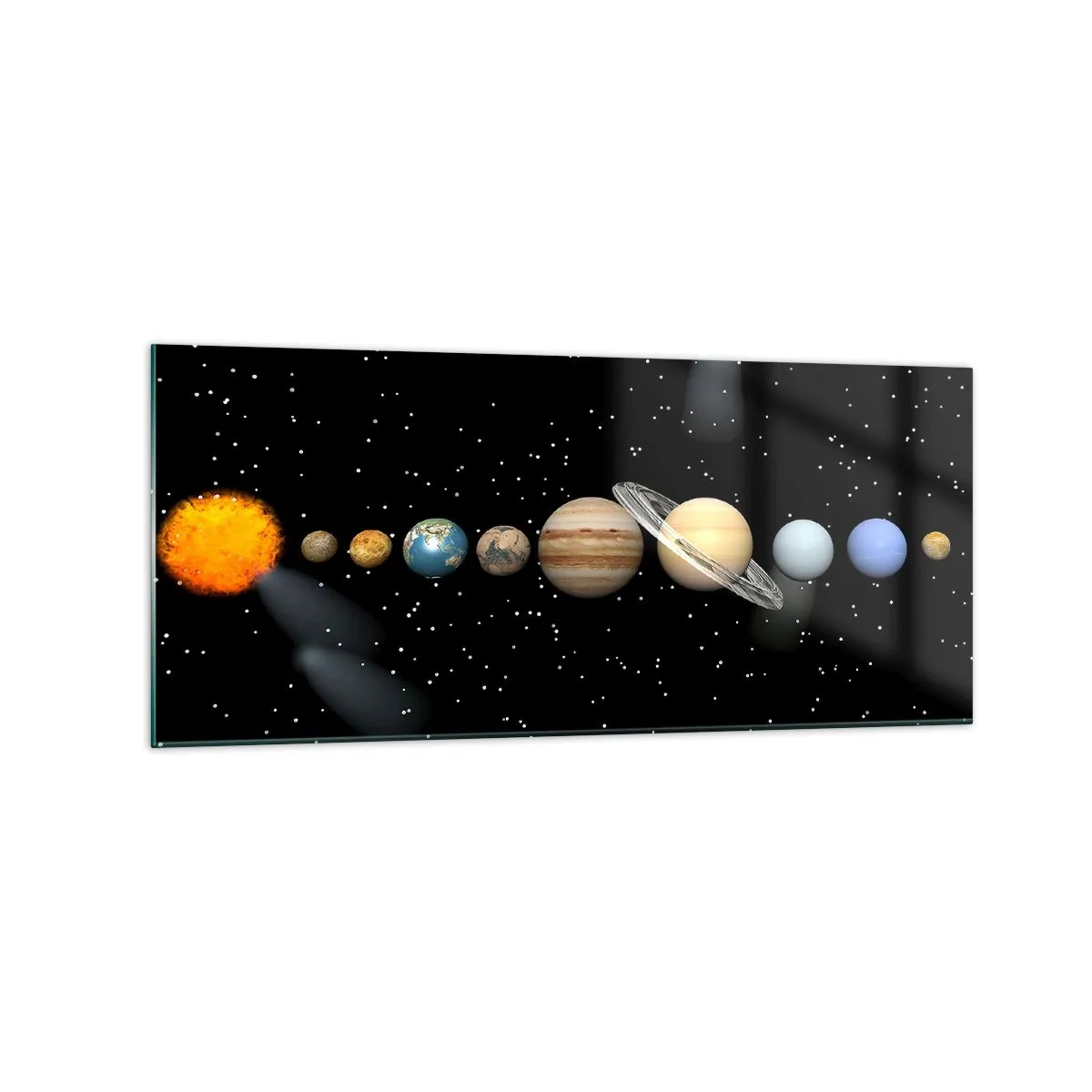 Glasbild - Bild auf glas - Das Sonnensystem mit Planeten vor dem Hintergrund der Sterne im Weltraum - 120x50cm - Und die Planeten werden verrückt und toben ... - Moderne Wanddekoration für Wohnzimmer und Schlafzimmer ARTTOR