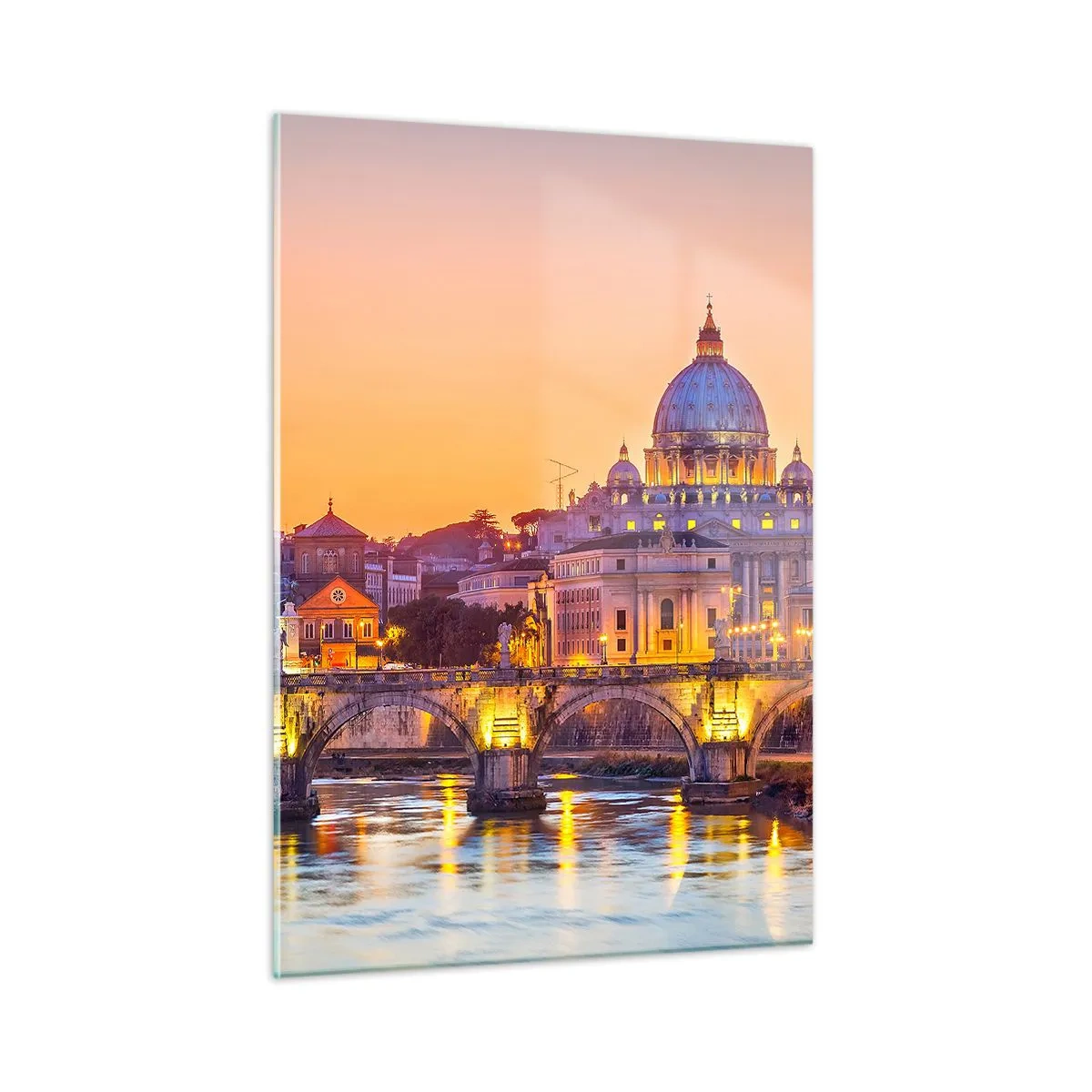 Glasbild - Bild auf glas - Brücke und Basilika in Rom bei Sonnenuntergang - 50x70cm - Sonnenuntergang über der ewigen Stadt - Moderne Wanddekoration für Wohnzimmer und Schlafzimmer ARTTOR