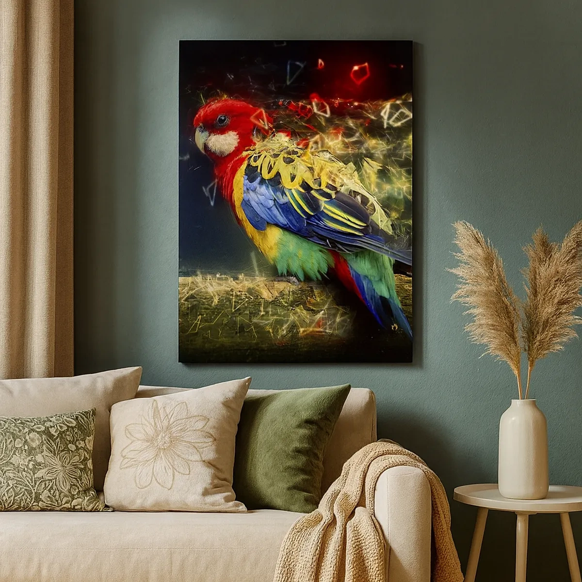 Bild auf Leinwand - Leinwandbild - Ein Papagei in leuchtenden Farben vor einem Hintergrund aus Lichteffekten - 50x70cm - Botschafter des Strahlens - Moderne Wanddekoration für Wohnzimmer und Schlafzimmer ARTTOR