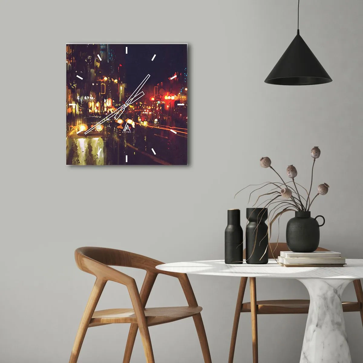 Wanduhr - Glasuhr - Nachtszene in der Stadt mit bunten Lichtern und Straßenreflexionen - 30x30cm - Eingetaucht in die Lichter der Nacht - Moderne Wanddekoration für Wohnzimmer und Schlafzimmer ARTTOR