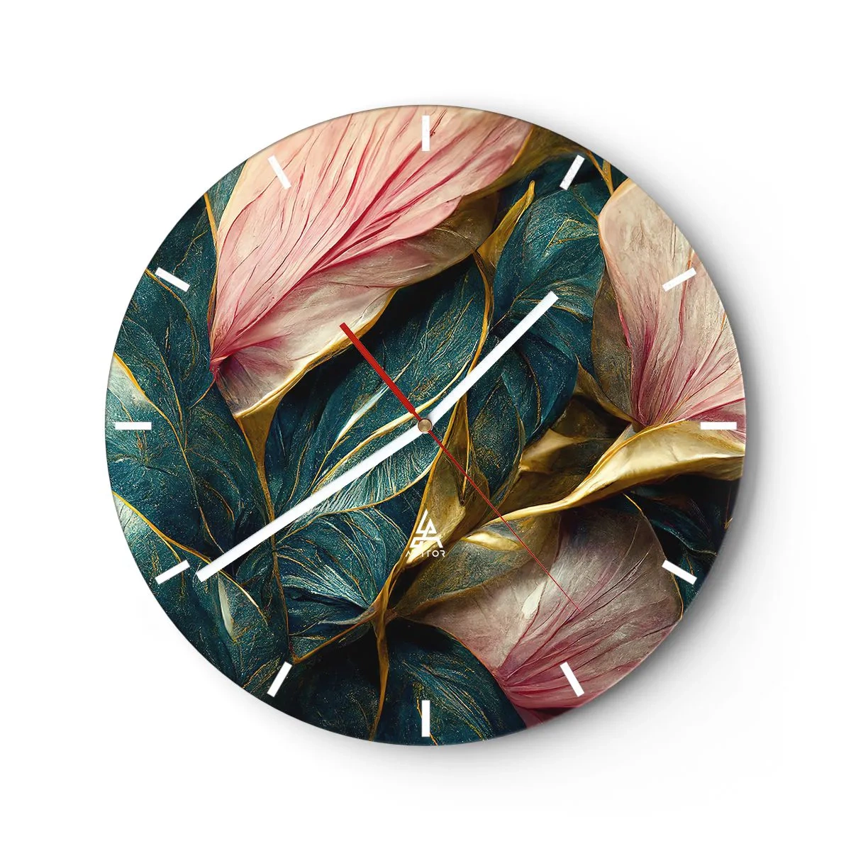 Wanduhr - Glasuhr - Blätter in Grün-, Gold- und Rosatönen in eleganter Form - 30x30cm - Natürliche Eleganz und Stil - Moderne Wanddekoration für Wohnzimmer, Küche und Schlafzimmer ARTTOR