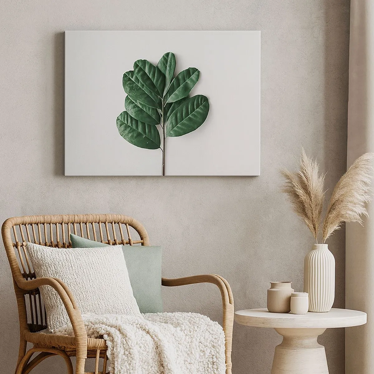 Bild auf Leinwand - Leinwandbild - Ein Zweig grüner Blätter auf hellem Hintergrund - 70x50cm - Eine Zeichnung purer Natur - Moderne Wanddekoration für Wohnzimmer und Schlafzimmer ARTTOR