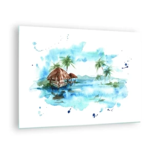Glasbild - Bild auf glas - Tropische Landschaft mit Palmen und einem Cottage im Aquarellstil - 70x50cm - Irgendwo im Pazifik - Moderne Wanddekoration für Wohnzimmer und Schlafzimmer ARTTOR