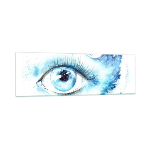 Glasbild - Bild auf glas - Künstlerisches Aquarell eines Auges mit einer dynamischen Welle - 160x50cm - Tauchen Sie ein in das Blau der Blicke - Moderne Wanddekoration für Wohnzimmer und Schlafzimmer ARTTOR