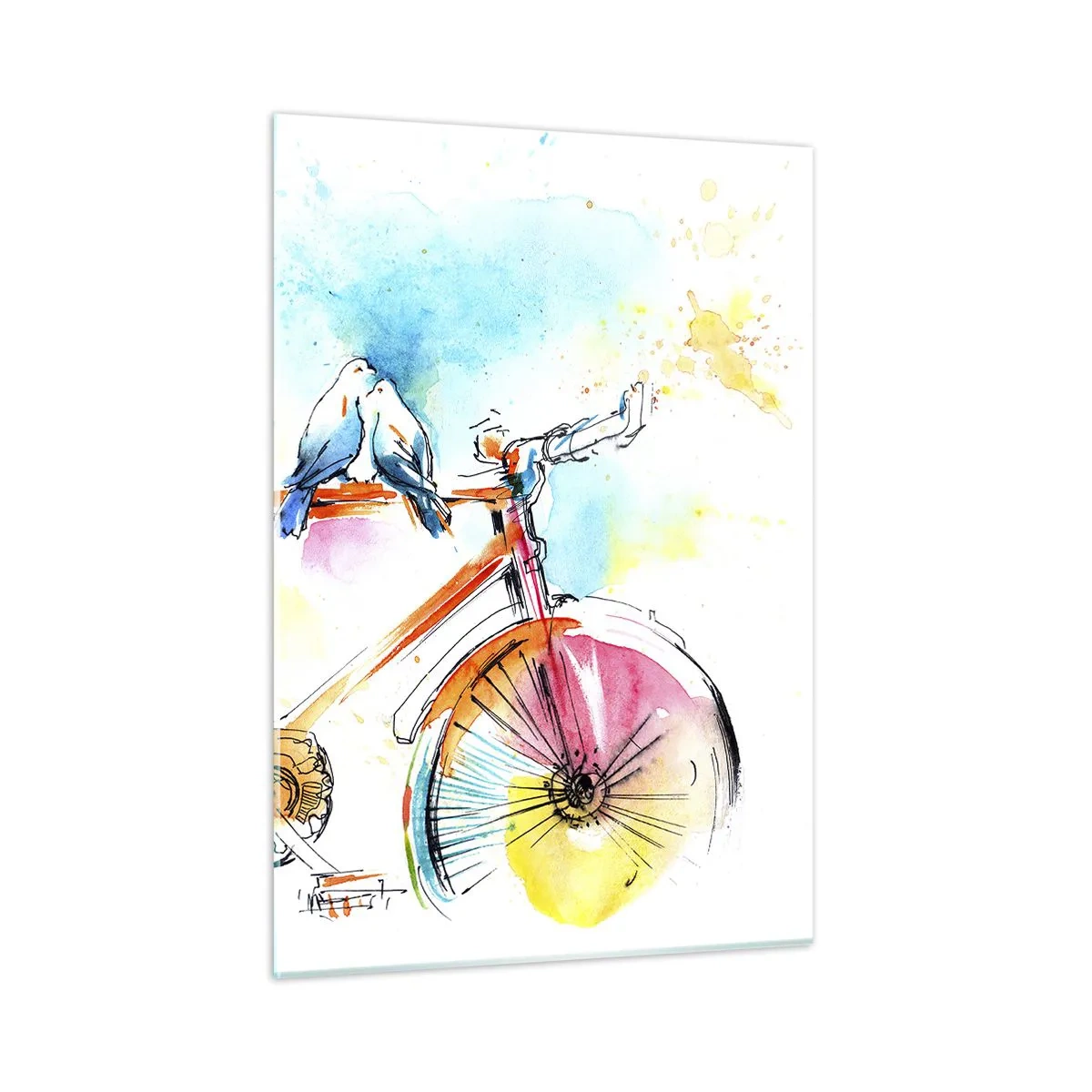 Glasbild - Bild auf glas - Ein buntes Fahrrad mit Vögeln auf dem Lenker - 50x70cm - Fahrrad für zwei - Moderne Wanddekoration für Wohnzimmer und Schlafzimmer ARTTOR