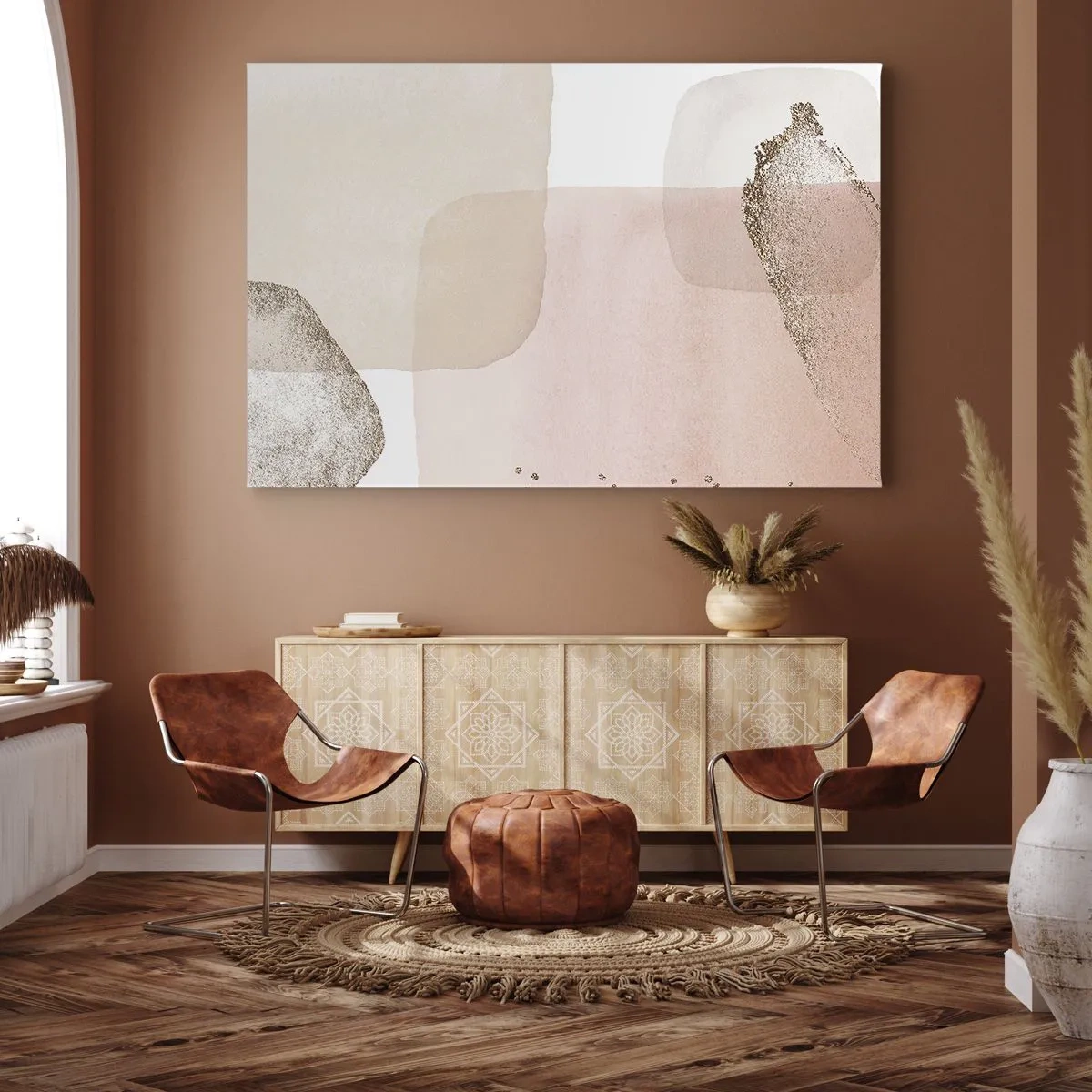 Bild auf Leinwand - Leinwandbild - Pastellfarbene Flecken mit goldenen Elementen - 70x50cm - Ein Blick durch die Farbe - Moderne Wanddekoration für Wohnzimmer und Schlafzimmer ARTTOR