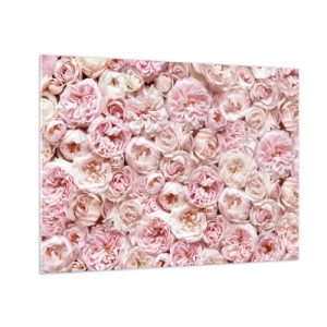Glasbild - Bild auf glas - Pastellrosen in einem dichten Blumenarrangement - 70x50cm - Auf Rosen gebettet - Moderne Wanddekoration für Wohnzimmer und Schlafzimmer ARTTOR