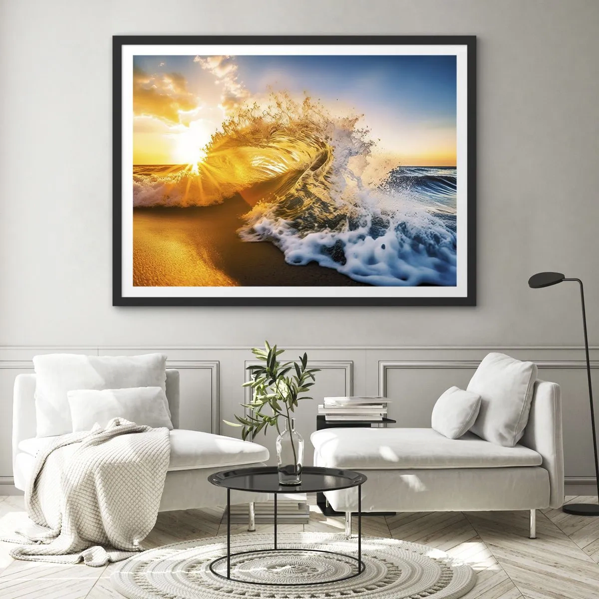 Poster in einem schwarzem Rahmen - Eine goldene Welle vor dem Hintergrund der untergehenden Sonne - 70x50cm - Spaß im Sand - Moderne Wanddekoration für Wohnzimmer und Schlafzimmer ARTTOR
